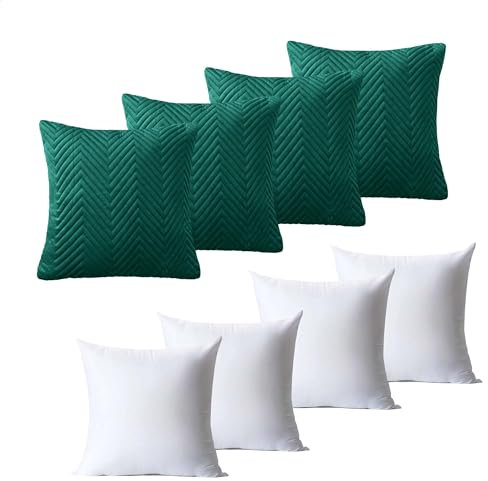 BedLooms Cushions with Covers Included 45 x 45 cm Set of 8 (4 Emerald Cushion Covers, 4 Cushion Inserts) Ultrasonic Square Throw Pillow Cases Decorative Sofa Cushion with Invisible Zipper