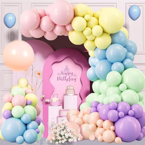 Luftballon Girlande Pastell, 133 Stück 5 10 12 18 Zoll Regenbogen Ballon Girlande Geburtstag Set, Macaron Rosa Blau Lila Luftballon Grün Gelb Latex ballons für Geburtstag Babyparty Hochzeit Party