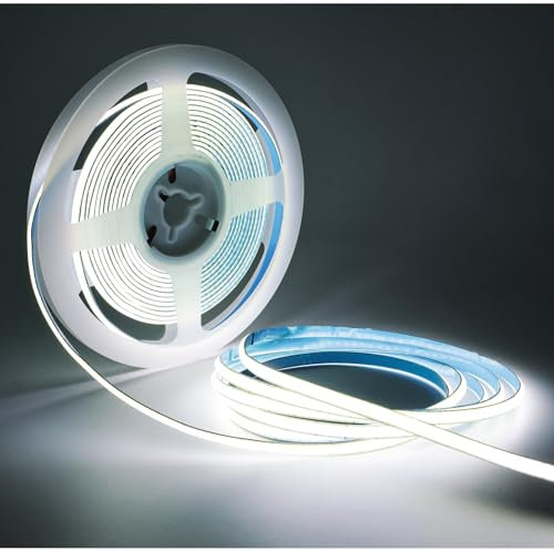 Tesfish LED Streifen Lichts 12V, 5mm Breit Ultra Schmal Band COB Weiß 6000K 5 Meter 400 LEDs/M Insgesamt 2000 LEDs Neon Licht Flexibel Lichtleisten Leiste für Party, Theke, Regal, Wohnkultu
