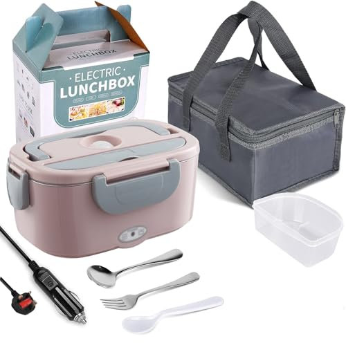 JIAKANUO Electric Lunch Box Food Warmer Portable Lunch Microwave Bento Box with SS Container 1.5 L Leak Proof, 230V/12V/24V for Car/Office/Trunk 3 in 1 with Fork&Spoon＆Insulated Lunch Bag (Pink)
