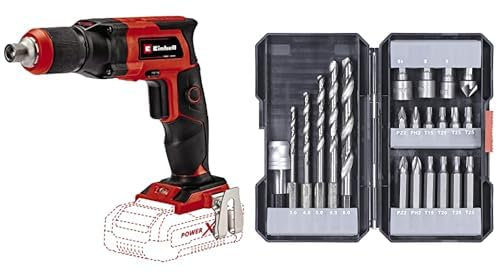 Einhell Atornillador de obra en seco con batería TE-DY 18 Li-Solo Power X-Change (iones de litio,18 V, 4000 min-1, tope de profundidad, sin batería ni cargador, E-Box)+ Kit de brocas/puntas