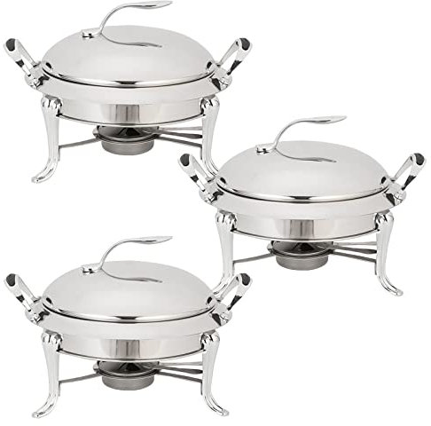Set di scaldavivande rotondo in acciaio inox, 3 l, con padelle, coperchio e porta carburante, per catering, feste, matrimoni, cene, scaldavivande (confezione da 2/3/4/6 pezzi)