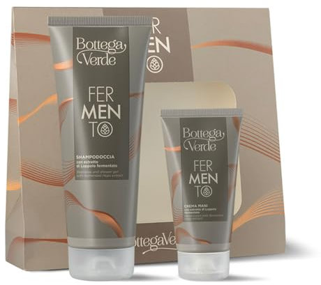 Bottega Verde - Fermento, Confezione Regalo Uomo con Shampoo Doccia 200 ml e Crema Mani 75 ml con Estratto di Luppolo Fermentato e Burro di Karité, in un Elegante Cofanetto, Idea Regalo