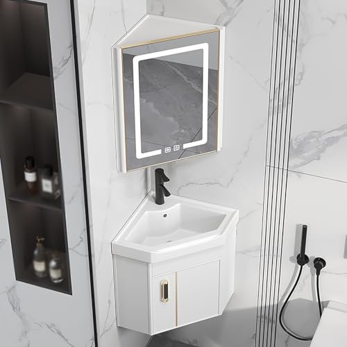 GSATREY Badezimmer Eckwaschbecken, Waschbecken Mit Unterschrank, Wandwaschbecken Set Für Kleine Räume, Beschlagfreiem LED-Spiegelschrank, Mit Armaturloch Badezimmermöbel, Für Wc(White,42cm/16.5in)