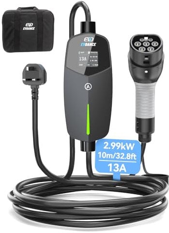EVDANCE EV Charger Type 2 UK 3 Pin 32.8ft/10m [6/8/10/13A] Portable Electric Car Charger for EV & PHEV, Adjustable Current EV Charger, IP66 Type 2 Charging Cable for Home & Travel, Black