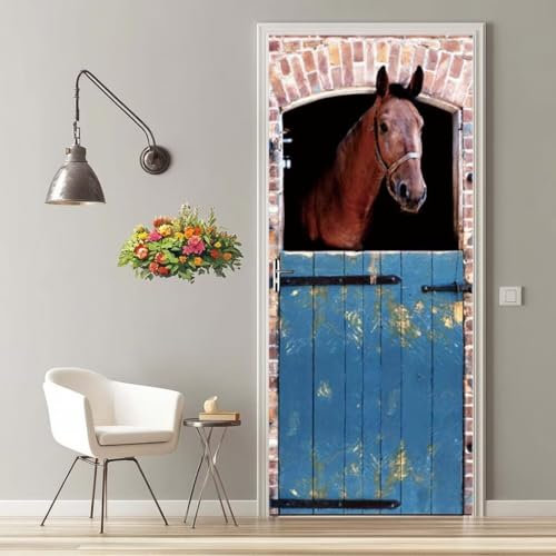 Türfolie Selbstklebend 3D Türaufkleber Pferdestall Tier Türtapete Selbstklebend Türposter 77X200 cm Türverkleidung Türtattoo Poster Abnehmbar Fototapete für Wohnzimmer Schlafzimmer Küche Bad -MT898