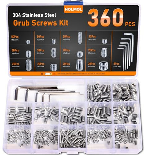 HOLMOL 360PCS Grub Screws Assorted Set for Door Handles with M3/M4/M5/M6/M8 Allen Keys, 304 Stainless Steel Grub Screw with Cup Point & Hex Head, Assorted Door Handle Screws for Repairs