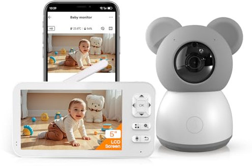 SIMBAILAI 5 Zoll Babyphone mit Kamera und APP,2K/3MP HD WLAN Video babyfone,PTZ 355°,4X Zoom,Automatische Verfolgung,Weinen/Bewegungs/Geräuscherkennung,Temperatur und Feuchtigkeitsmessung,Nachtsicht