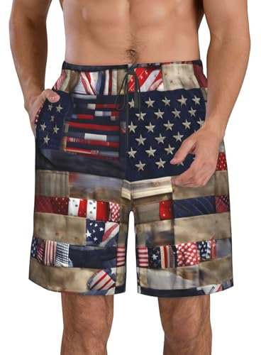 GFXEDSAH Maillot de bain pour homme imprimé patchwork drapeau américain, short de bain élégant pour homme, maillot de bain en polyester à séchage rapide, blanc, XXL