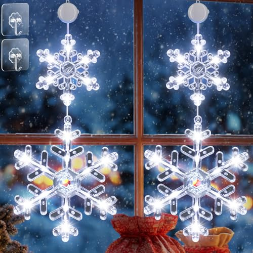 Jixviqi Weihnachtsbeleuchtung Innen 2 Stück 30 LED Weihnachtsdeko Fenster Batteriebetriebene mit Timer 2 Modi Saugnäpfe Lichtervorhang LED Schneeflocke für Weihnachten Deko Party Warmweiß