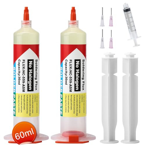 Flussmittel Löten, 60ML Lötpaste Flussmittel, Löten Lötflussmittel, No-Clean Bleifreies Kolophonium Lötzinn Flussmittelpaste mit 4 Nadeln, 2 Drücker & 1 Spritze für SMD BGA LED PCB IC CPU Löten