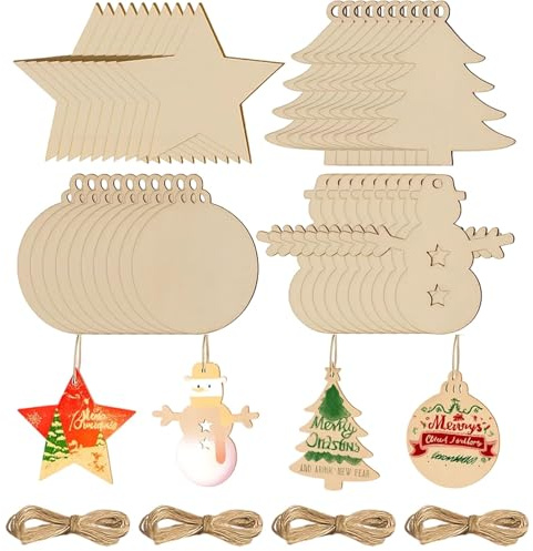 40Pcs Wooden Christmas Decorations, Wooden Christmas Ornaments for DIY Crafts, Includes Stars, Trees, Snowmen and Baubles, Perfect for Family Activities and School Projects