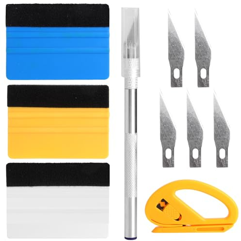 LOLANIUT Rakel Für Folie – 3 Stück Rakel Mit Filzkante & Präzisionsmesser Mit Aluminiumgriff, 5 Ersatzklingen,Sicherheitsmesser, Professionelles Folierungs Werkzeug Zum Küche Folieren, Möbel Folieren