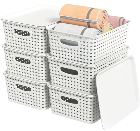 Wakikini Woven Plastic Storage Baskets with Lids, Small Weave Bins, White | Stackable Storage Boxes for Shelf, Kitchen, Bathroom, Cupboard, Pantry, 6 Packs