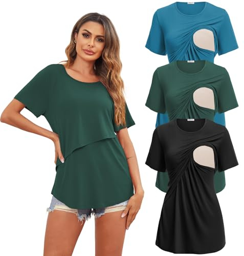 Ekouaer Lot de 3 T-Shirt d'allaitement Femme Tops Blouse Allaitement Hauts d'allaitement à Manches Courtes col Rond