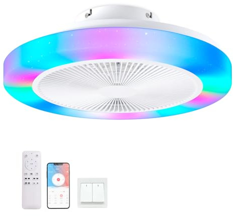 RRBEST Ventilatore da Soffitto con Luce RGB, 50cm Lampadario Ventilatore Silenzioso LED Dimmerabile, Telecomando e APP, 6 Velocità, Timer, RGB Plafoniera Ventilatori per Camera da Letto Soggiorno