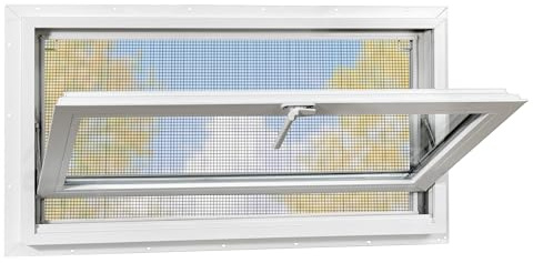 Vinyl Basement Hopper Window, 32 x 14 Bathroom Window with Double Pane Insulated Glass and Fiberglass Screen, White PVC Frame, Energy Efficient Replacement Window for Basement, Bathroom (White)