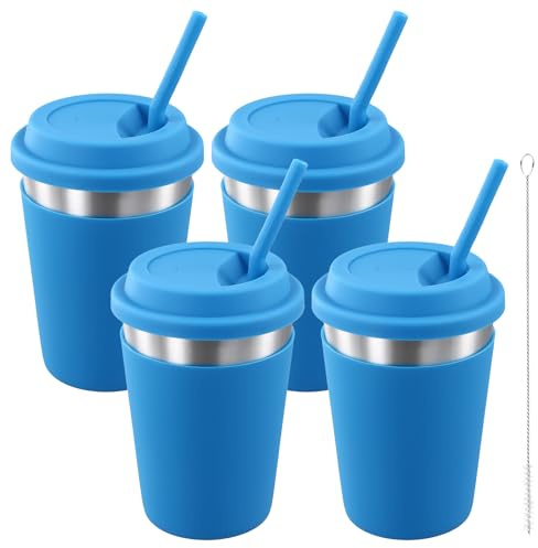 CHEUNGR 4 Pack Stainless Steel Cups with Lids and Straws, 12oz Iced Coffee Cup Unbreakable Tumbler, Reusable Drinking Cup with Silicone Sleeves for Cold Hot Drinks, Blue