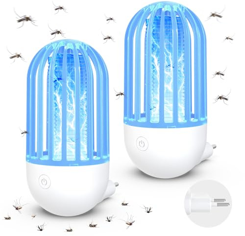 Insektenvernichter Elektrische Fliegenfalle Innenbereich Plug in 2 Stück, 2100V UV Mückenlampe Mückenfalle Mückenschutz mit LED-Licht Schweigend Insektenvernichter für Außen, Küche, Garten, Camping