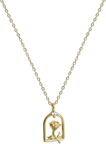Collana Collane Semplici da Donna, Ciondolo Fiore Rosa Argento Placcato Oro S925 Catena Clavicola con Zircone Lei/Fidanzata/Moglie/Mamma/Donna