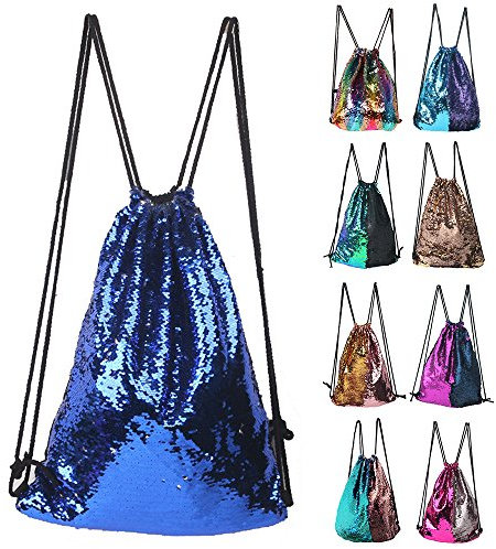 Winmany, Rucksack mit Kordelzug, Tragetasche, Schulterbeutel, im modischen Meerjungfrauen-Design mit glitzernden Schuppen, beidseitig verwendbar, sportlich, Blau, Silber