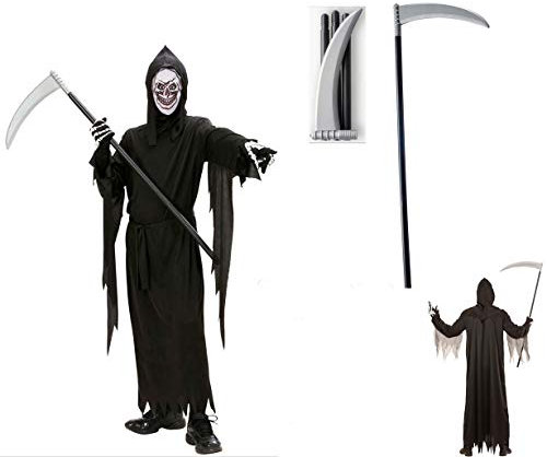 Kinder Kostüm Sensenmann + Sense - Robe Gürtel Maske Kapuze Sense L - 158 cm Halloween Verkleidung
