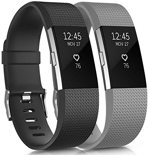 Tobfit für Fitbit Charge 2 Armband Damen Herren, Ersatz Silikon Sport und Fitness Armbänder für Fitbit Charge 2 (S, Klassische 2-Pack Schwarz+Grau)