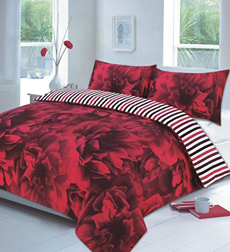 Hotel Quality King Printed Rose Red Floral Design Duvet Cover Set Bedding Set with pillowcases - King Size