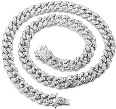Halukakah Goldkette Herren Iced Out,Echt Weißgold Vergoldete 14mm Männer Choker Kette,Silber,Miami Kubanische Panzerkette,90cm,Geschenk für Mann