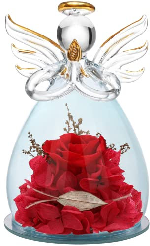 ANLUNOB Geburtstagsgeschenk für Immer Rose, Glaskuppel-Engelsstatue – ewige Rosenblume, handgefertigt – Geschenk für Frauen, Freundin, Mutter, Mutter, Oma, Oma