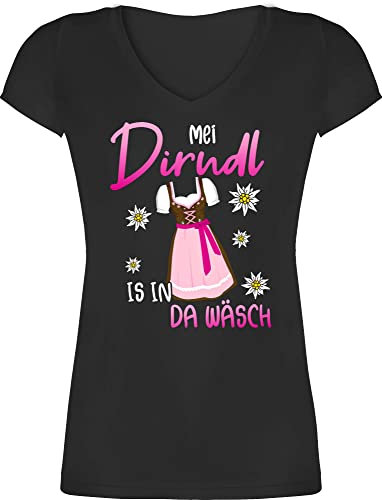 T-Shirt Damen V Ausschnitt - Kompatibel mit Oktoberfest - MEI Dirndl is in da Wäsch - M - Schwarz - Trachten Oberteil trachtenshirt bayrische dirndel Shirts ersatz Tshirt Trachten-Tshirt bayrisch