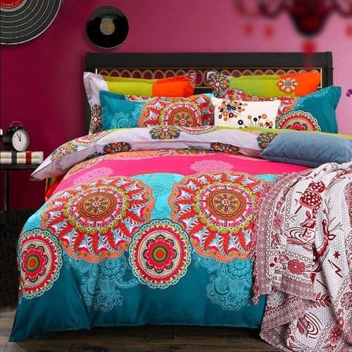 AShanlan 3 Teilig Bohemian Bettwäsche Set 220x240 Boho Style Indishes Design Mandala Türkis Rosa Pink Bettbezug Premium Qualität Mikrofaser mit Reißverschluss Kissenbezüge 80x80 cm
