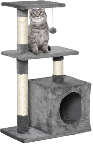 PawHut Árbol Rascador para Gatos 81,5 cm Torre para Gatos con Postes de Sisal 2 Plataformas Cueva y Bola Colgante Estilo Elegante 50x30x81,5 cm Gris