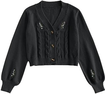 ZAFUL Women's Button Up Embroidered Cable Knit Cardigan V Neck Long Sleeve Cropped Sweater, 3-black, One size
