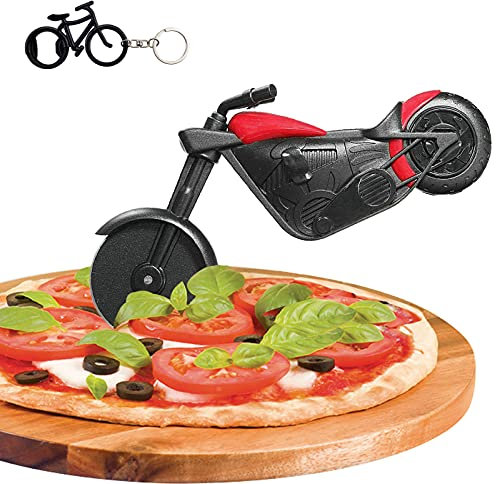 Motorrad Pizzaschneider, Edelstahl Kunststoff Lustiger Pizzaroller Pizzarad, Pizza Cutter mit Scharfem Schneiderad & Ständer für Weihnachten Party Kreativ Geschenke
