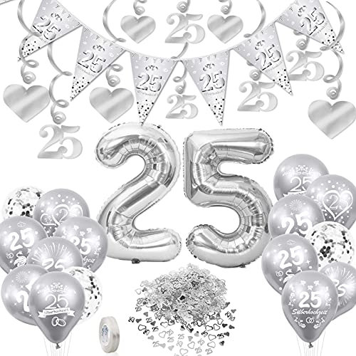 DPKOW Silberhochzeit Deko, 25. Hochzeitstag Luftballons Folienballons Konfetti, 25. Hochzeitstag Wimpelkette Banner, Silberhochzeit Spiral Girlanden Hängedeko für Silberpaar 25. Hochzeitstag Deko