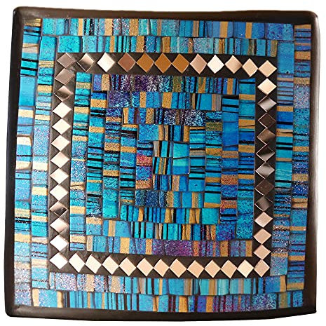 ART-CRAFT Dekoschale Mosaikschale Türkis mit Spiegel Tonschale Schlüsselschale aus Terracotta mit handbemalten Glaselementen zu einem schönen Muster von Hand gearbeitet