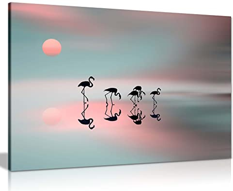 Panther Print Fine Art Prints Pink & Blue Flamingo Silhouette Reflection Artistic Framed Canvas Print, Pictures for Home Walls, Bedroom, Living Room & Bathroom Decor 31x20cm (12x8in)