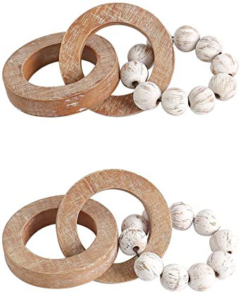 Rustic Wood Chain Link for Farmhouse Table Decor, Handmade Carved 3 Link Wood Knot & Wood Bead Decor, Natural Rustic Wooden Chain Link for Boho Home Decor, Best Housewarming Gifts (2 Pcs, 22CM)