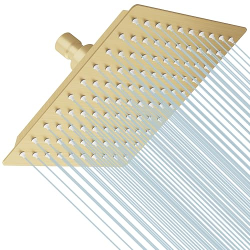 BESy 8 Inch Rain Shower Head, 8 Square Rainfall & High Pressure Stainless Steel Bath Showerhead, 1/16 Ultra Thin, Waterfall Full Body Coverage with Silicone Nozzle, Brushed Gold