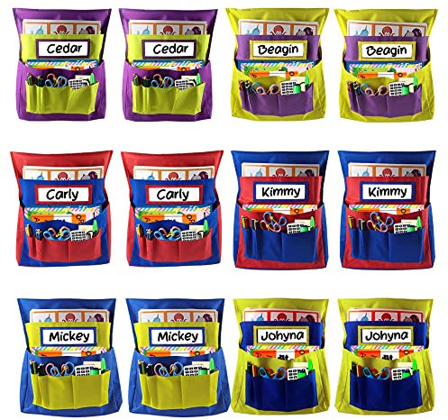 Mewise Chairback Pockets Chart in 6 Bright Colors,Chair Seat Back Organizer with Name Tag Pocket for Classroom (12)