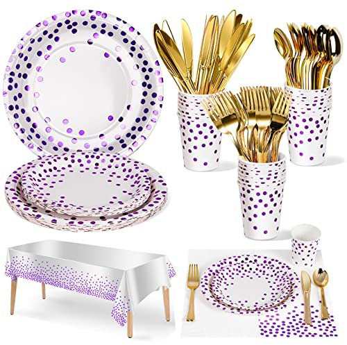 Nkaiso Party Tableware 141 Pieces Purple Dots Theme Kids Birthday Decoration Party Accessories Set Includes Paper Plates Napkins Cups Reusable Cutlery for Wedding Shower Engagement -20 Guests