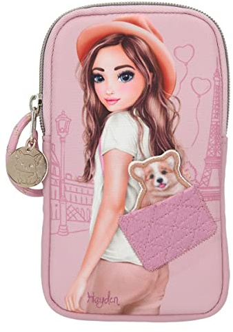 Depesche 12007 TOPModel Corgi - Handytasche zum Umhängen in Rosa mit Model-Motiv und kleinem Corgi, Smartphonetasche mit Trage-Schlaufe und Reißverschluss