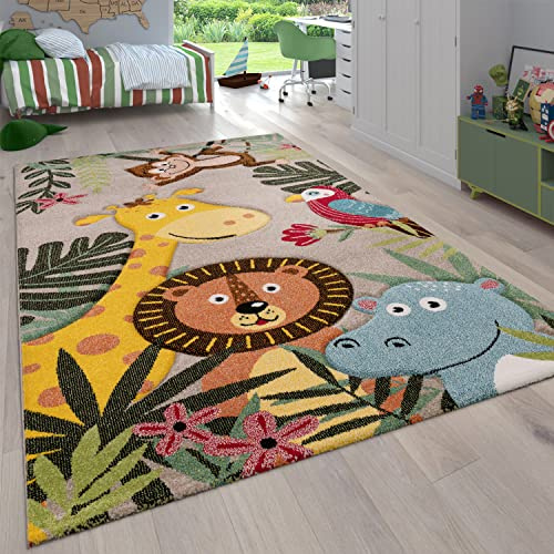 Paco Home Kinderzimmer Kinderteppich für Jungen mit Tier u. Dschungel Motiven Kurzflor, Grösse:120 cm Rund, Farbe:Beige