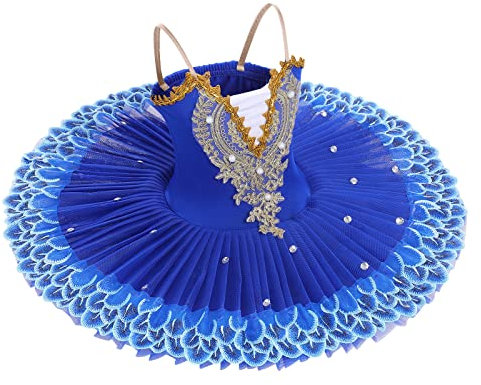 IBAKOM Girls Ballet Dance Dress Swan Lake Sling Strap Lace Pearl Embroidery Camisole Gymnastic Leotard Tutu Costume Figure Skating Dancewear Ballerina Outfit Royal Blue 13-14 Years