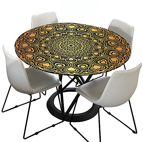 Morbuy Rund Tischdecke Elastisch, Lotuseffekt Tischdecke Abwaschbar Tischdecken Mandala Drucken Gartentischdecke Indoor Outdoor Tischtuch (Durchmesser 150cm,Gold)