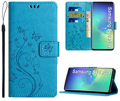 Anshow Kompatibel mit Samsung Galaxy S10 Plus Hülle, Lederhülle Flip Wallet Leder Tasche Blumenmuster Klapphüllen Stoßfest Kartensteckplätzen Schutzhülle, Handyhülle für Samsung S10 Plus, Blau