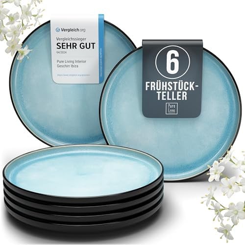 Steingut Frühstücksteller 6 Personen Ibiza TESTSIEGER, Hochwertiges Mediterranes Steingut Dessertteller Set, Kleine Teller, Salatteller - Pure Living in Aquamarin