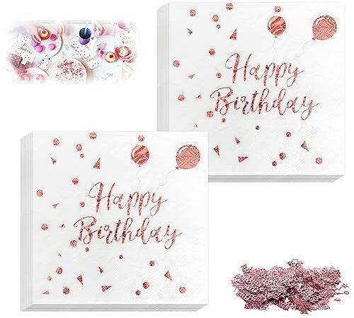 DOUSELLA 40 Stück Servietten Mädchen Rosegold Glitzer mit Happy Birthday Konfetti Weiße Papierservietten für Geburtstag Party Deko
