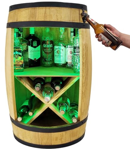 weeco Holzfass mit Flaschenöffner und Weinregal RGB LED Beleuchtung. Fassbar 80cm - Rustikale deko Barschrank - Hausbar Weinrefal, Fassbier, Whisky Bar. Geschenk für Männer (Hellbraun/Eiche)